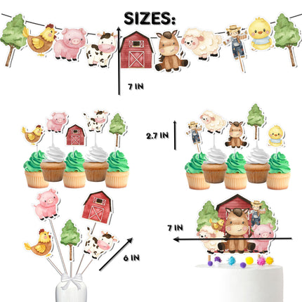 Complete Farm Party Decor Set - Rustic Cake Topper, Cupcake Toppers, Centerpieces & Banner for Baby Showers and Birthdays