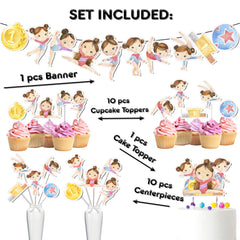 Gymnastics Girl Birthday Party Decor Set - Banner, Cake & Cupcake Toppers, Centerpieces