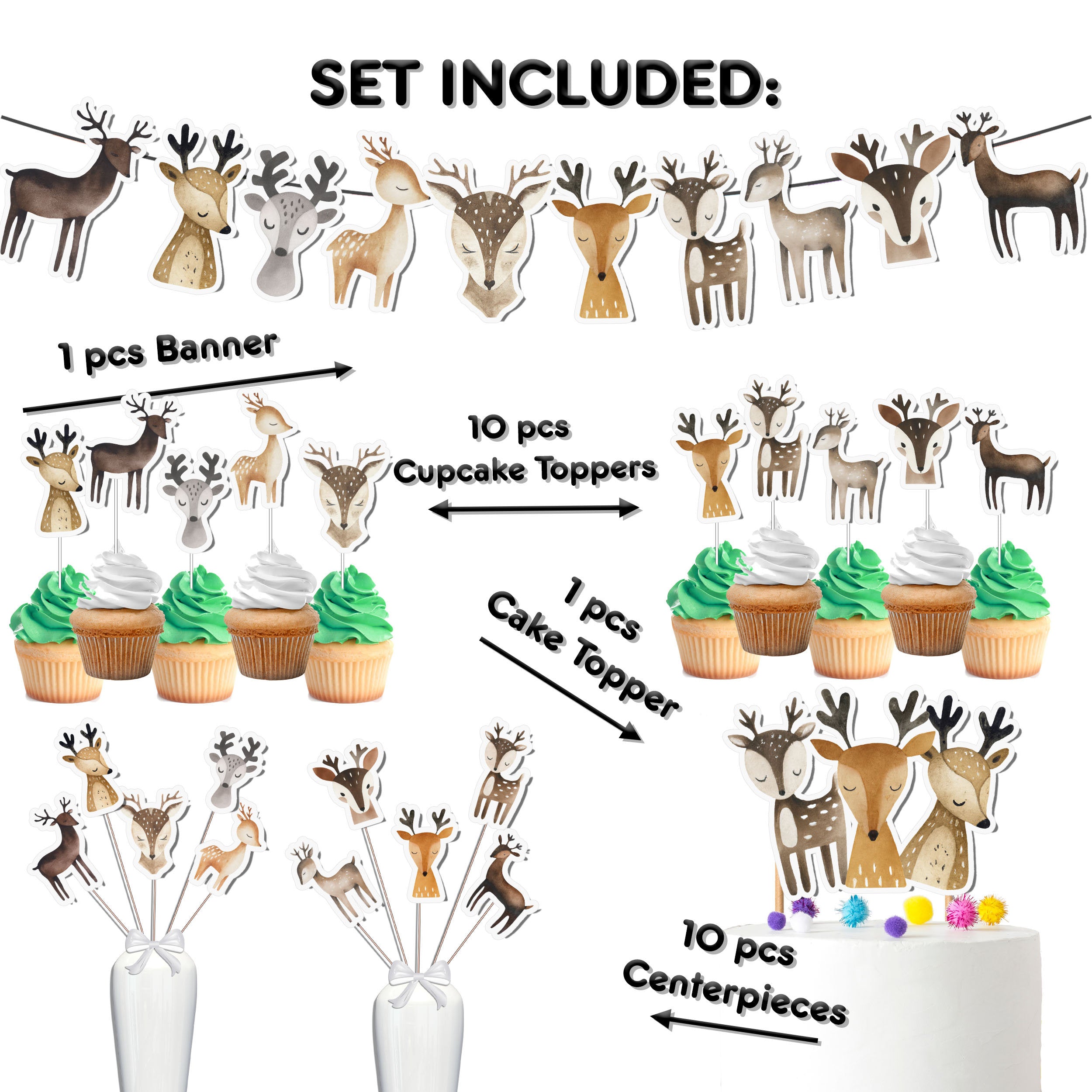 Enchanting Deer Birthday Party Decoration Set - Banner, Cake & Cupcake Toppers, Centerpieces