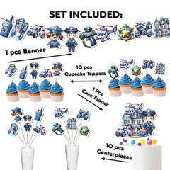 Ultimate Police Officer Birthday Party Decor Set -  Banner, Cake & Cupcake Toppers, Centerpieces