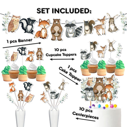 Enchanted Woodland Party Decor Set for Baby Shower & Birthday - Banner, Cake & Cupcake Toppers, Centerpieces