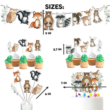 Enchanted Woodland Party Decor Set for Baby Shower & Birthday - Banner, Cake & Cupcake Toppers, Centerpieces