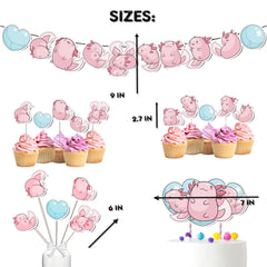 Cute Axolotl Baby Shower & Birthday Party Decor Set - Banner, Cake & Cupcake Toppers, Centerpieces