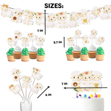 Charming Sheep Party Decor Set - Fluffy Cake Topper, Cupcake Toppers, Centerpieces, & Banner - Perfect for Enchanting Baby Showers & Birthdays