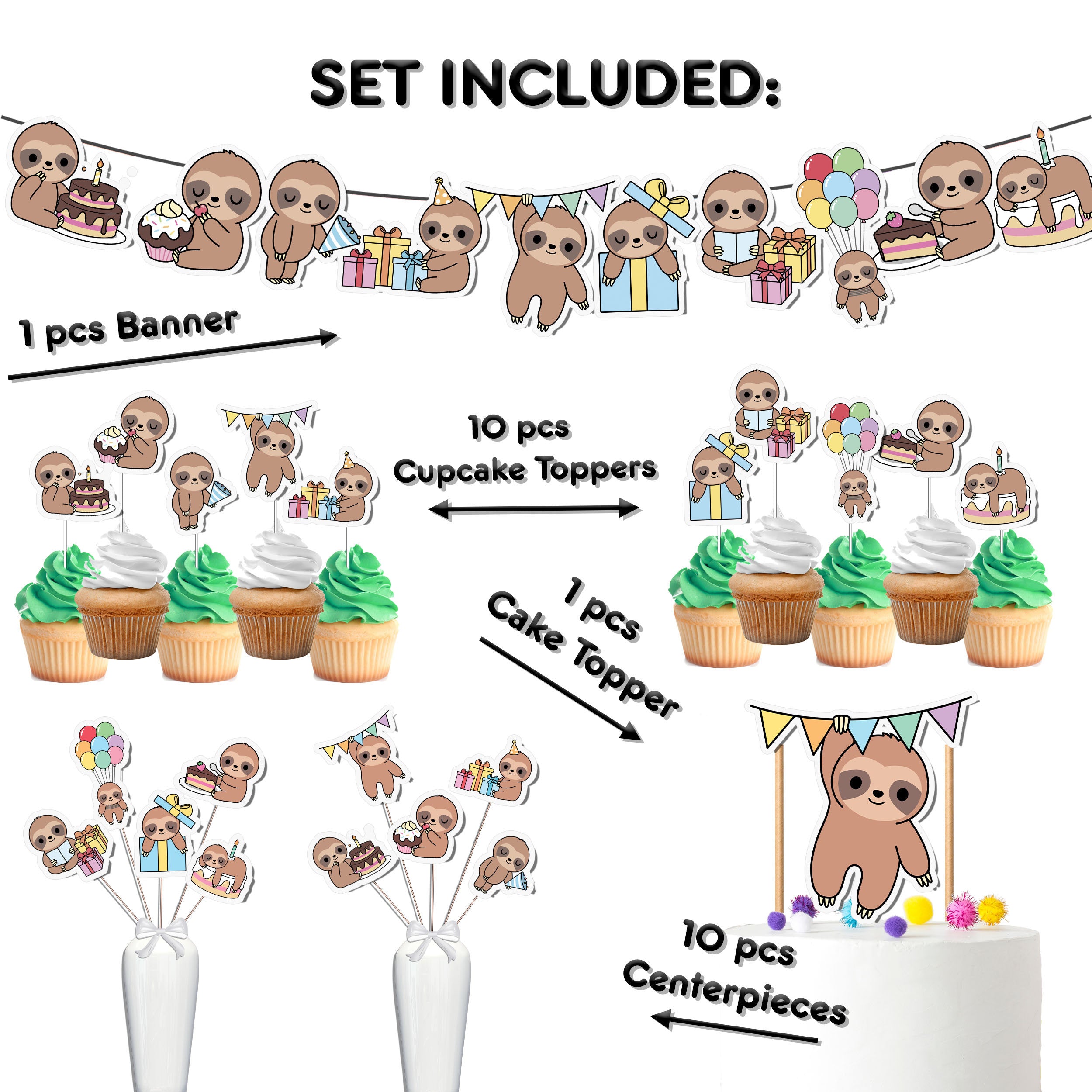 Sloth-Themed Baby Shower & Birthday Party Decoration Kit - Cute Banner, Cake & Cupcake Toppers, Centerpieces
