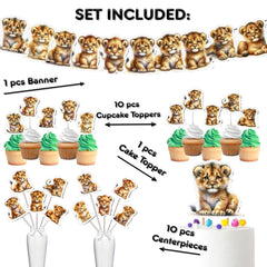 King of the Jungle Lion Party Decor Set - Majestic Cake Topper, Cupcake Toppers, Centerpieces & Banner - Perfect for Baby Showers & Birthdays