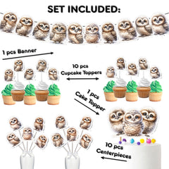 Whimsical Owl Party Decor Set - Adorable Cake Topper, Cupcake Toppers, Centerpieces & Banner - Enchanting for Baby Showers and Birthdays