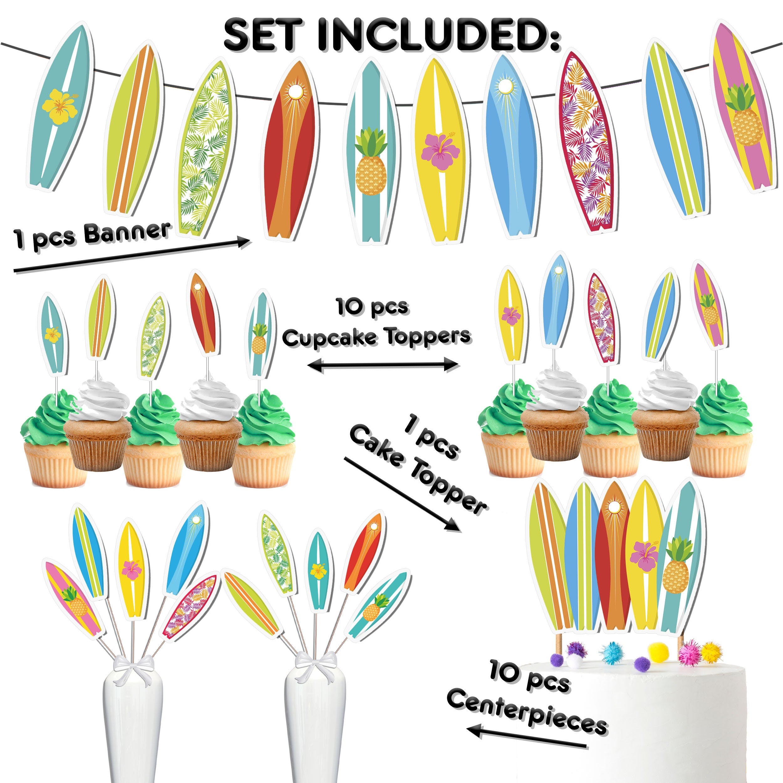 Sun, Surf & Fun Birthday Party Decor Set - Cool Surfboard Cake Topper, Cupcake Toppers, Centerpieces & Banner - Ride the Wave to a Perfect Party