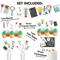 Eureka! Science Party Decor Set - Inspiring Cake Topper, Cupcake Toppers, Centerpieces & Banner - Perfect for a Brilliant Birthday Bash