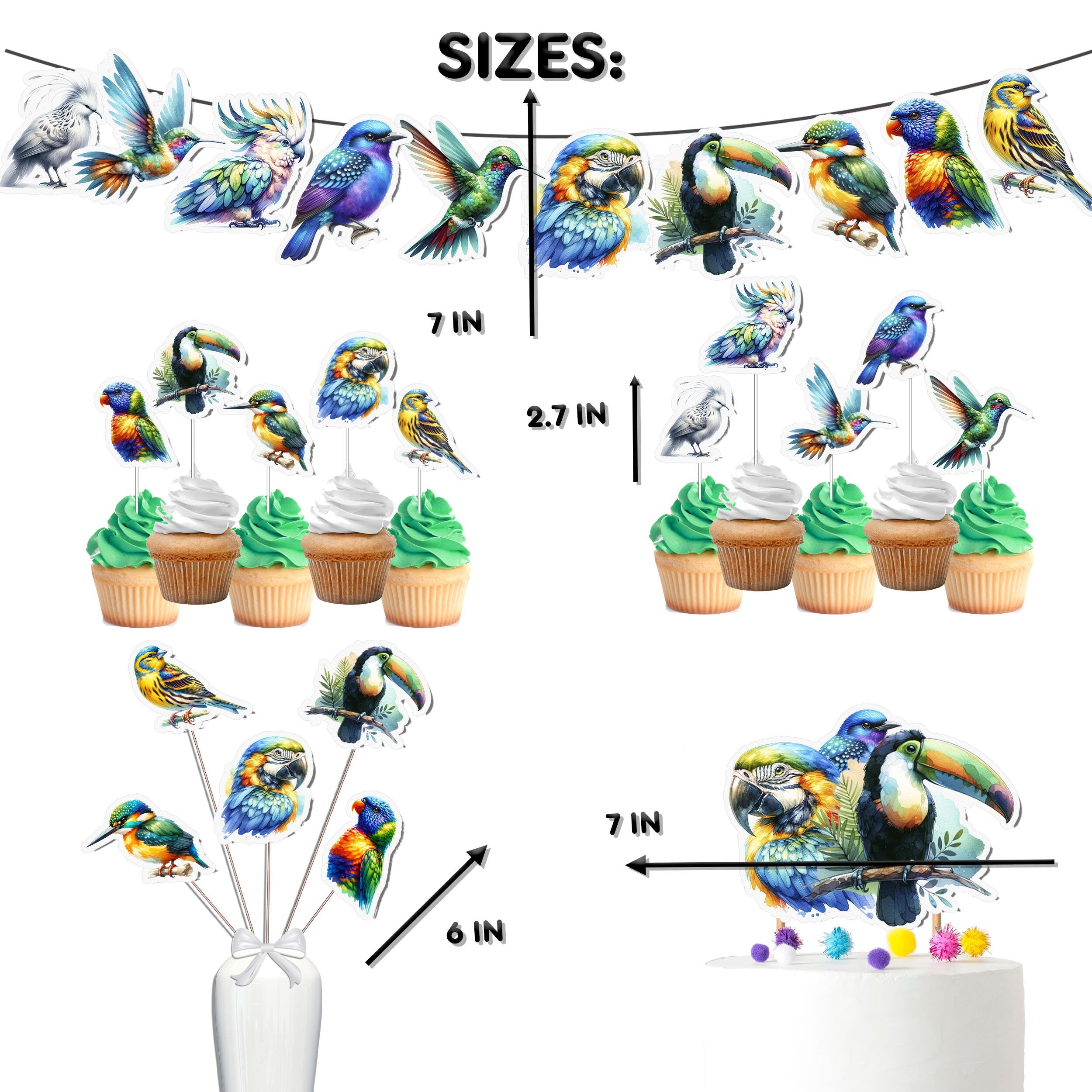 Exotic Tropical Bird Party Decor Set - Lush Cake Topper, Cupcake Toppers, Centerpieces & Banner - Soar into a Vivid Birthday Paradise