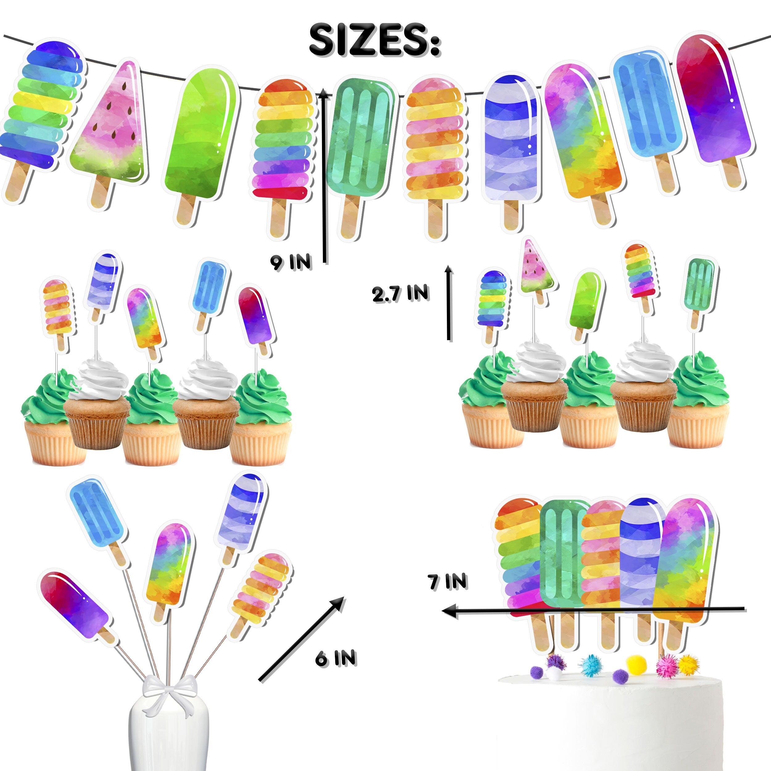 Colorful Ice Cream Party Decor Set - Vibrant Cake Topper, Cupcake Toppers, Centerpieces & Banner - Scoop Up Fun for a Sweet Birthday Bash