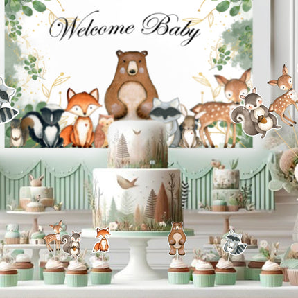 Enchanted Woodland Party Decor Set for Baby Shower & Birthday - Banner, Cake & Cupcake Toppers, Centerpieces
