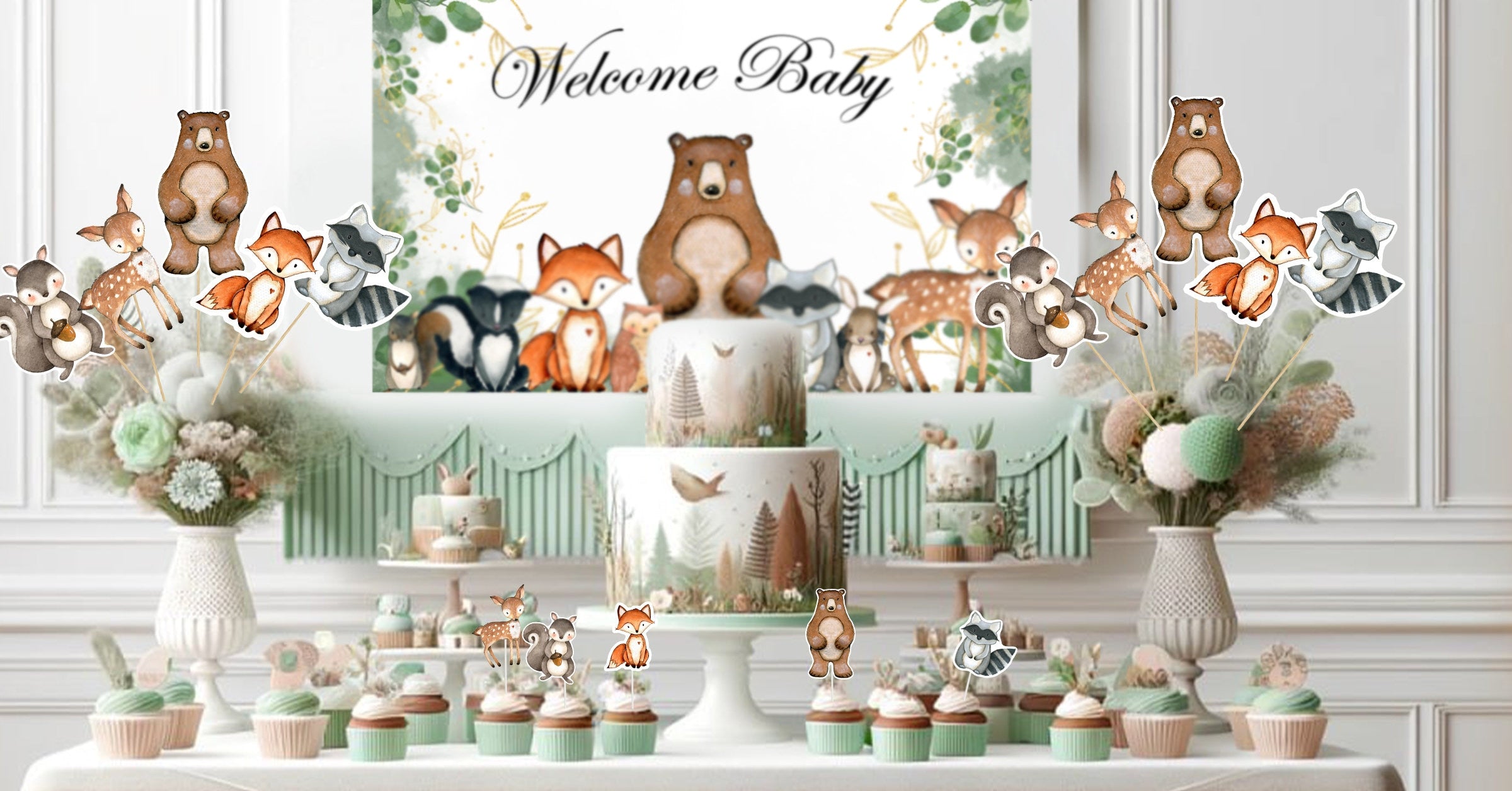 Enchanted Woodland Party Decor Set for Baby Shower & Birthday - Banner, Cake & Cupcake Toppers, Centerpieces