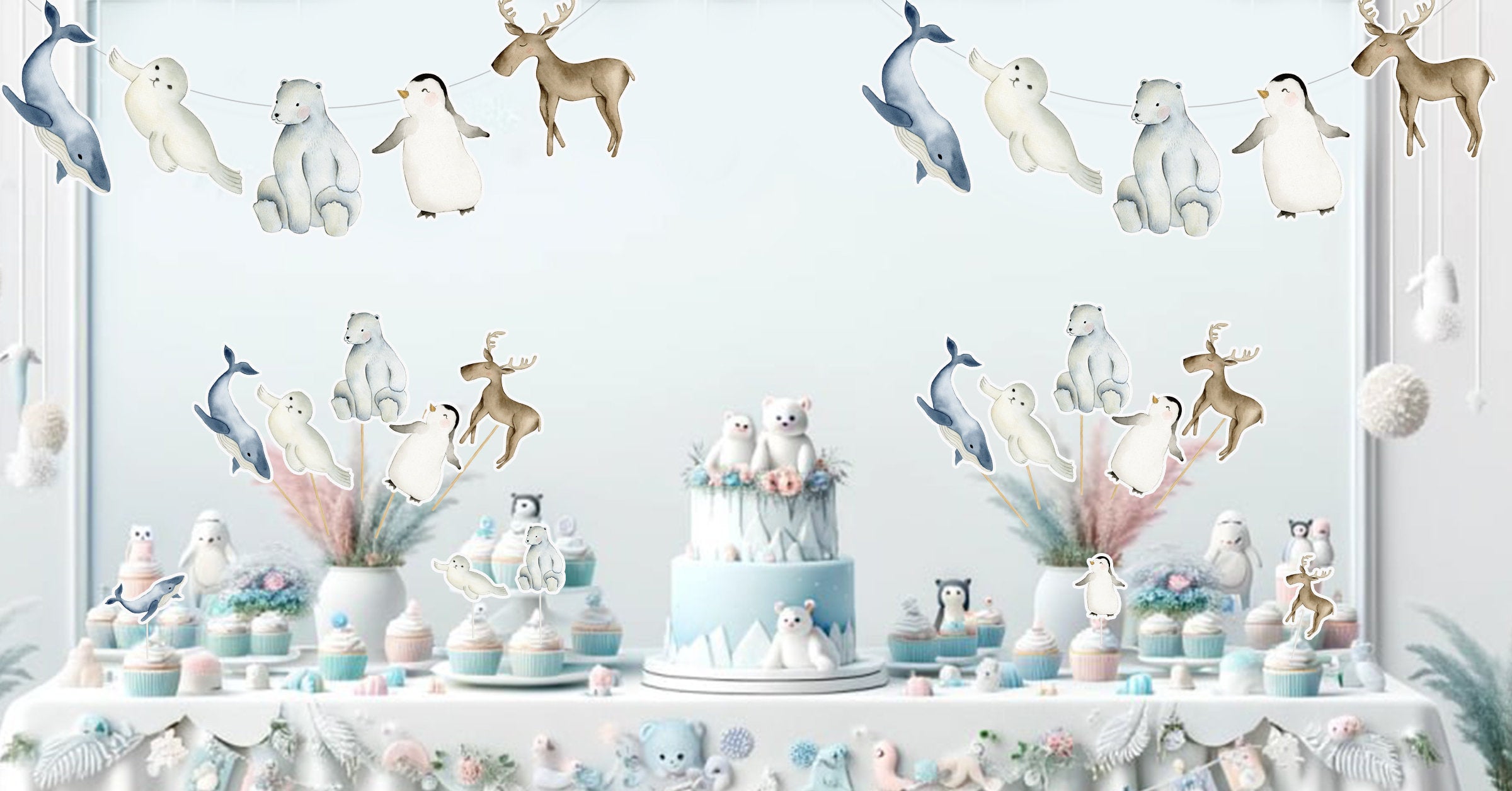 Arctic Blast Party Decor Set - Banner, Cake Topper, Cupcake Toppers & Centerpieces for Cool Birthdays & Baby Showers