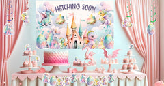 "Hatching Soon" Pink Dragon Baby Shower and Birthday Backdrop 5x3 FT - Magical Nursery Decor