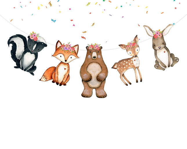 Enchanted Forest Friends Cartoon Banner - Charming Woodland Creatures Decor