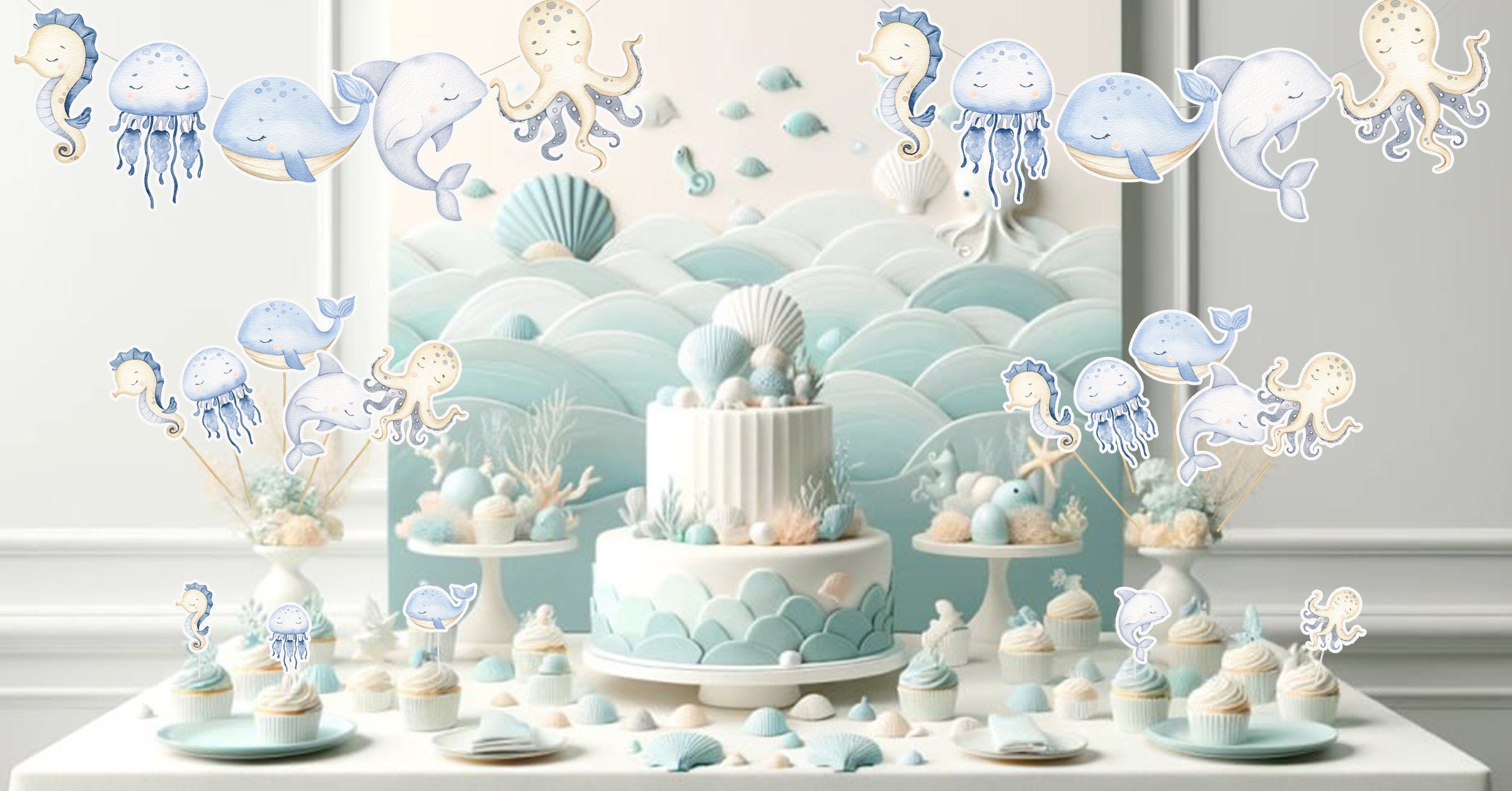 "Under the Sea Baby Shower" Backdrop 5x3 FT - Ocean Life Themed Party Decor