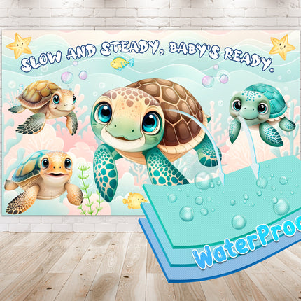 Adorable Turtle Baby Shower Backdrop 5x3 FT - "Slow and Steady, Baby's Ready" Underwater Party Decor
