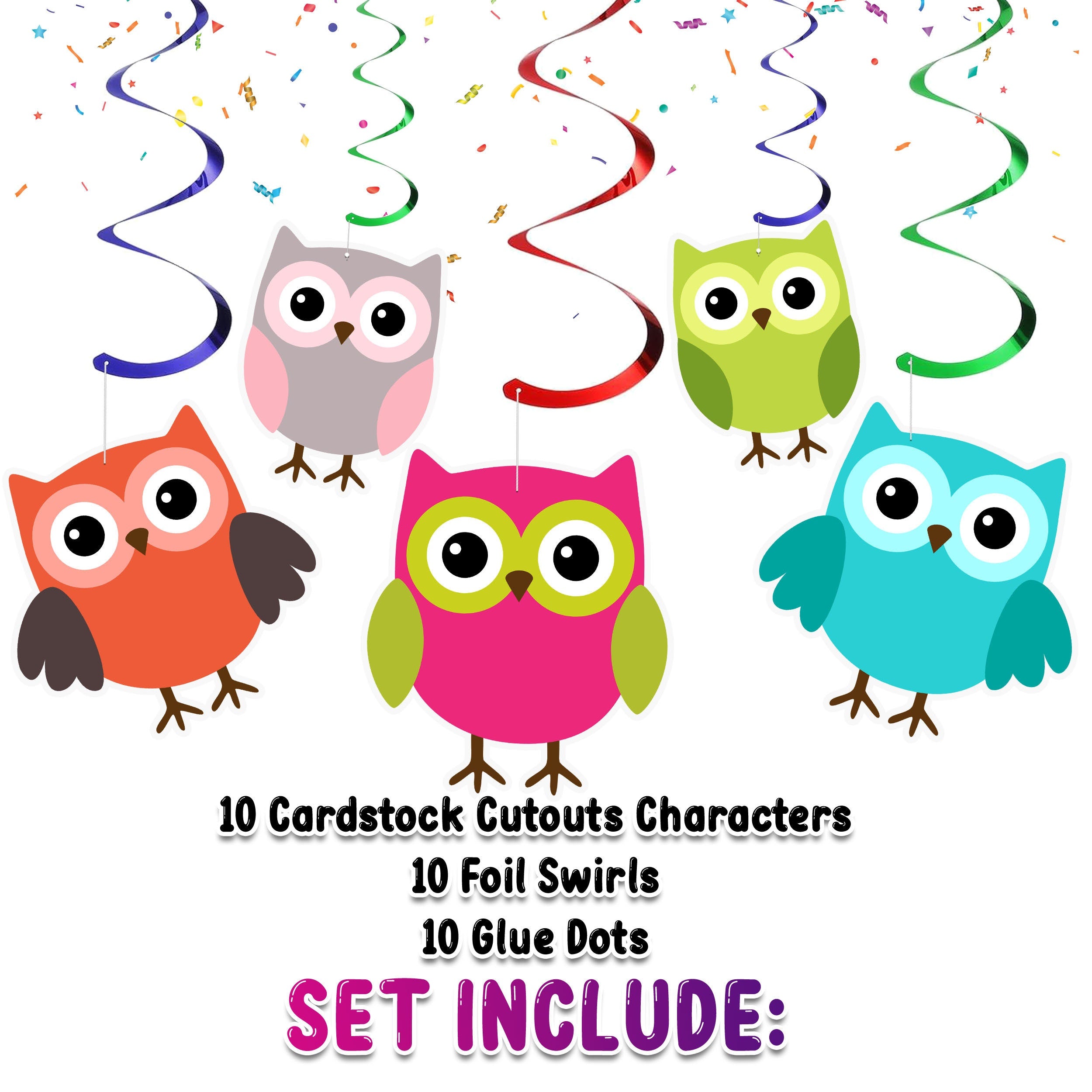 Enchanted Woodland Owl Swirls - 10pcs Whimsical Party Decorations Set