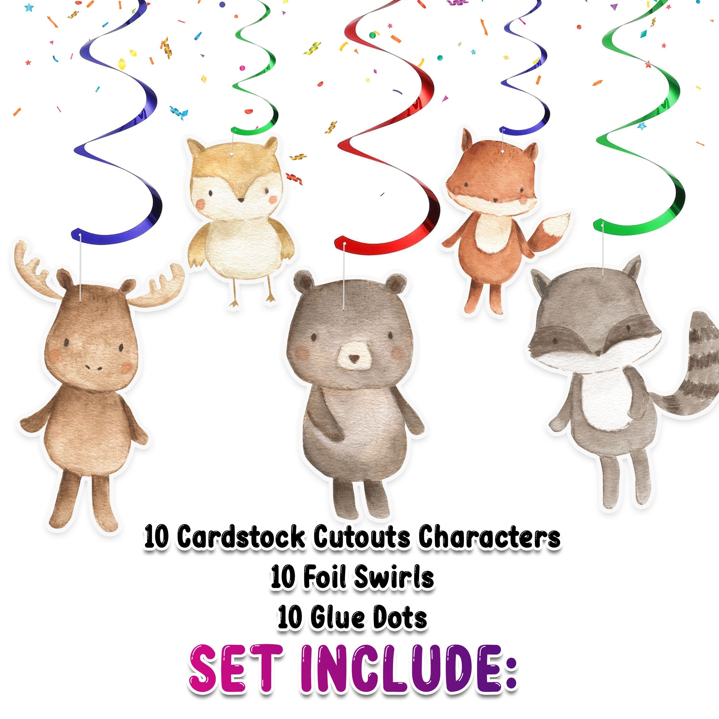 Enchanting Forest Friends Swirl Decorations - Whimsical Woodland Animal Cutouts for Themed Events