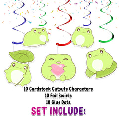 Adorable Kawaii Frog Party Swirls - Set of 10 Cute Frog Hanging Decorations for Playful Celebrations