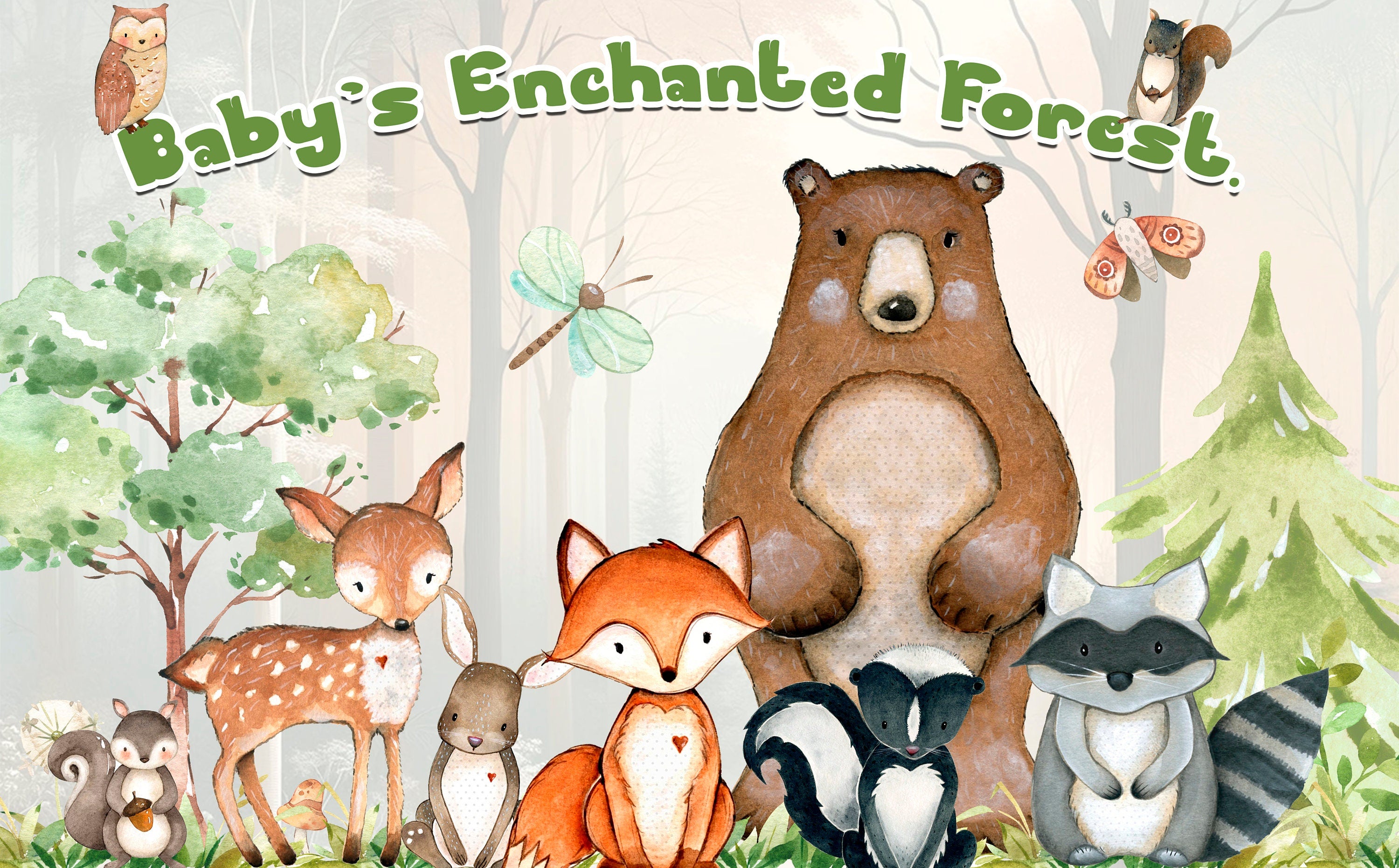 Enchanted Forest Woodland Animals Baby Shower Backdrop 5x3 FT