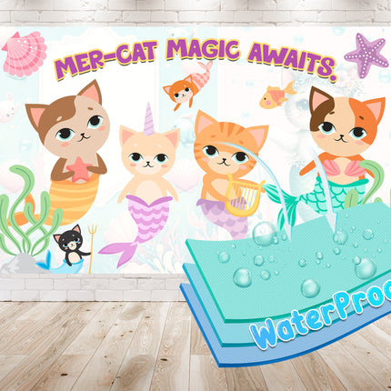 Enchanting Mermaid-Cat Birthday Backdrop 5x3 FT - Magical Underwater Party Decoration