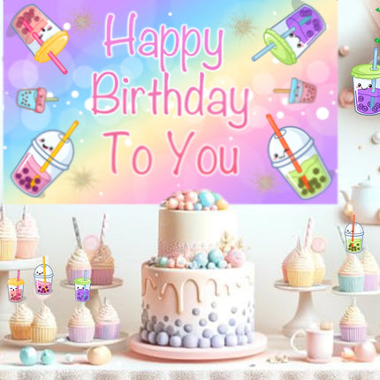 Sweet Boba Birthday Party Decor Set - Kawaii Cake Topper, Cupcake Toppers, Centerpieces & Banner - Bubble Up with Joy for a Tea-riffic Celebration