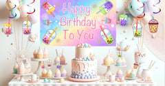Sweet Boba Birthday Party Decor Set - Kawaii Cake Topper, Cupcake Toppers, Centerpieces & Banner - Bubble Up with Joy for a Tea-riffic Celebration