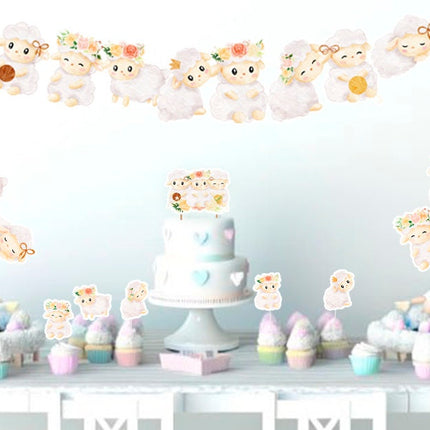 Charming Sheep Party Decor Set - Fluffy Cake Topper, Cupcake Toppers, Centerpieces, & Banner - Perfect for Enchanting Baby Showers & Birthdays