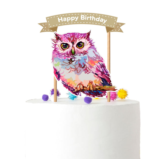 Kaleidoscope Gaze- Vibrant Watercolor Owl Cake Topper for Enchanting Birthdays