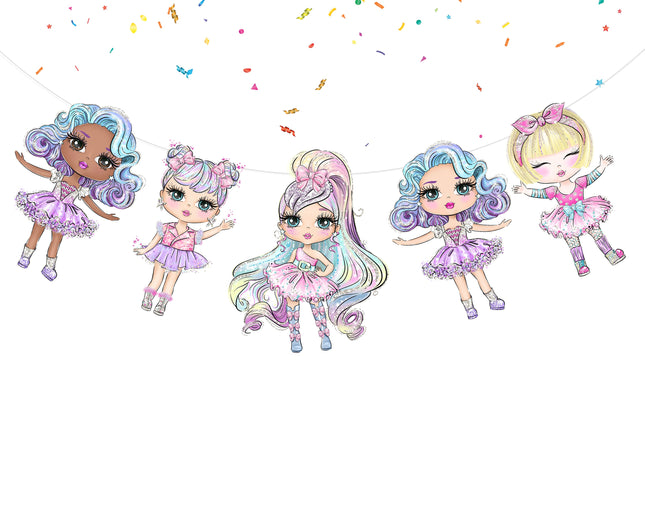 Adorable Fashionista Dolls Cartoon Banner - Stylish Wall Art for Kids' Bedrooms