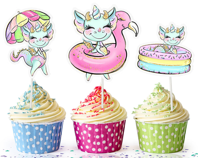 Magical Dragon Pool Party Cupcake Toppers - Whimsical Dessert Decorations