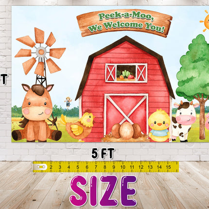 Peek-a-Moo! Farm Baby Shower and Birthday Backdrop 5x3 FT - Cute Farm Animals Party