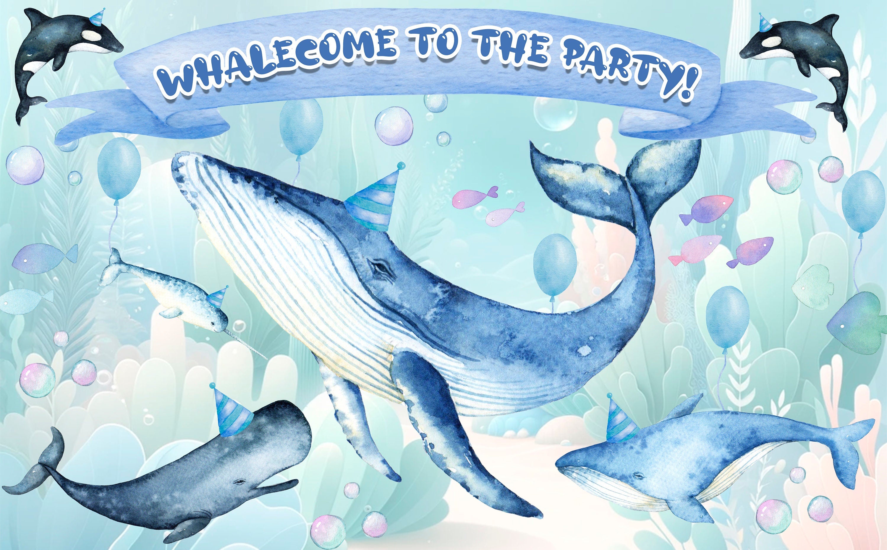 Whalecome to the Party!" Baby Shower Backdrop 5x3 FT - Ocean-Themed Celebration Decor