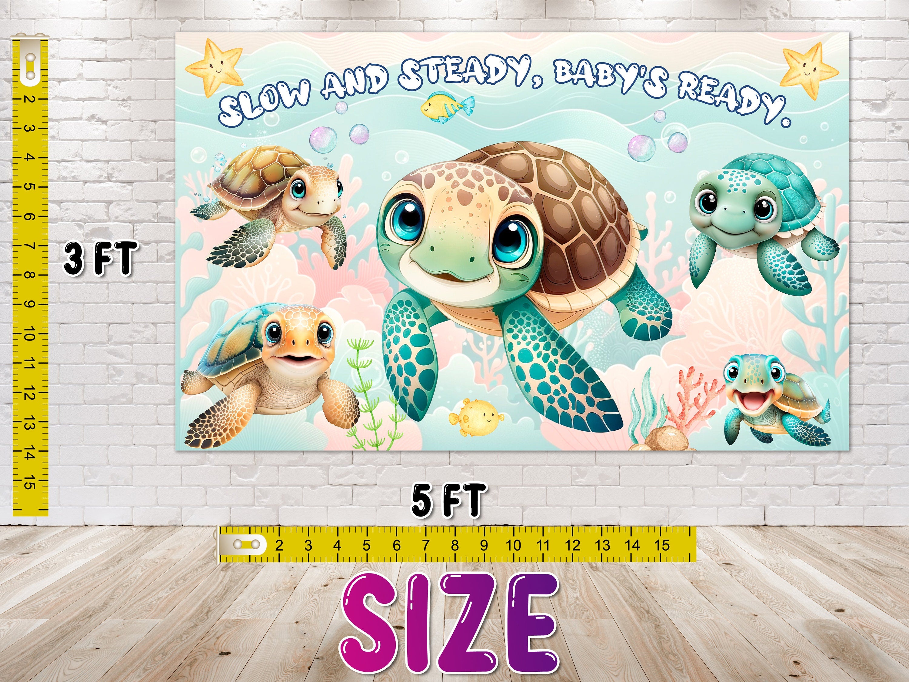 Adorable Turtle Baby Shower Backdrop 5x3 FT - "Slow and Steady, Baby's Ready" Underwater Party Decor