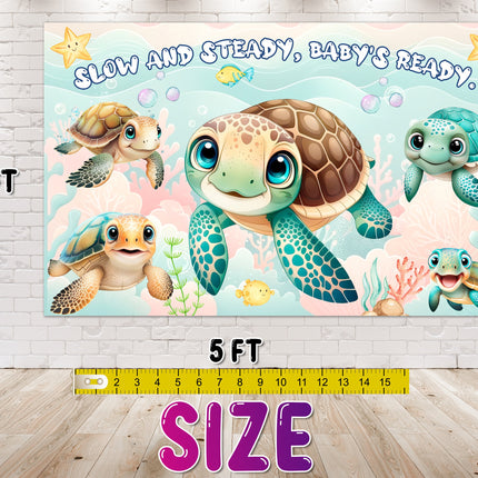 Adorable Turtle Baby Shower Backdrop 5x3 FT - "Slow and Steady, Baby's Ready" Underwater Party Decor