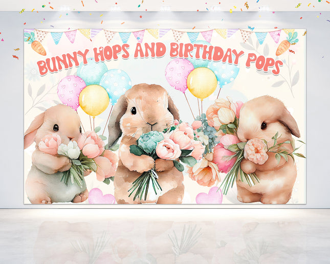 Cheerful Bunny Hops Birthday Backdrop