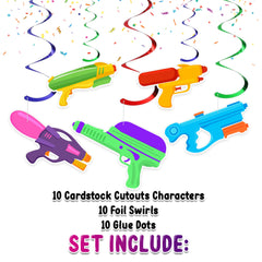 Splashy Water Gun Party Swirl Decorations - Vibrant Hanging Water Blaster Cutouts for Summer Fun