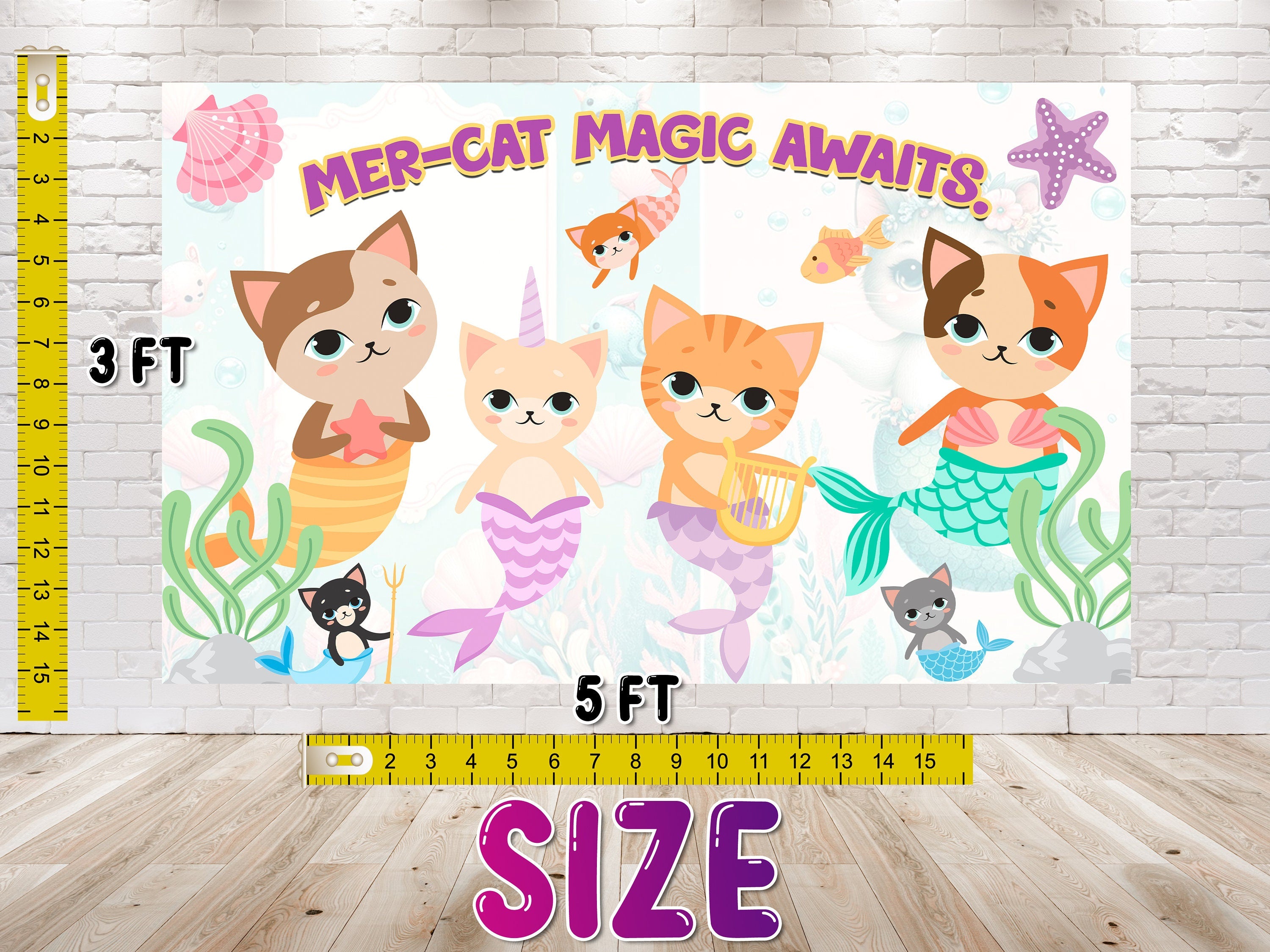 Enchanting Mermaid-Cat Birthday Backdrop 5x3 FT - Magical Underwater Party Decoration