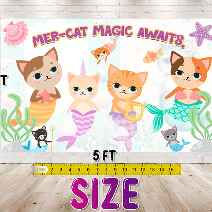 Enchanting Mermaid-Cat Birthday Backdrop 5x3 FT - Magical Underwater Party Decoration