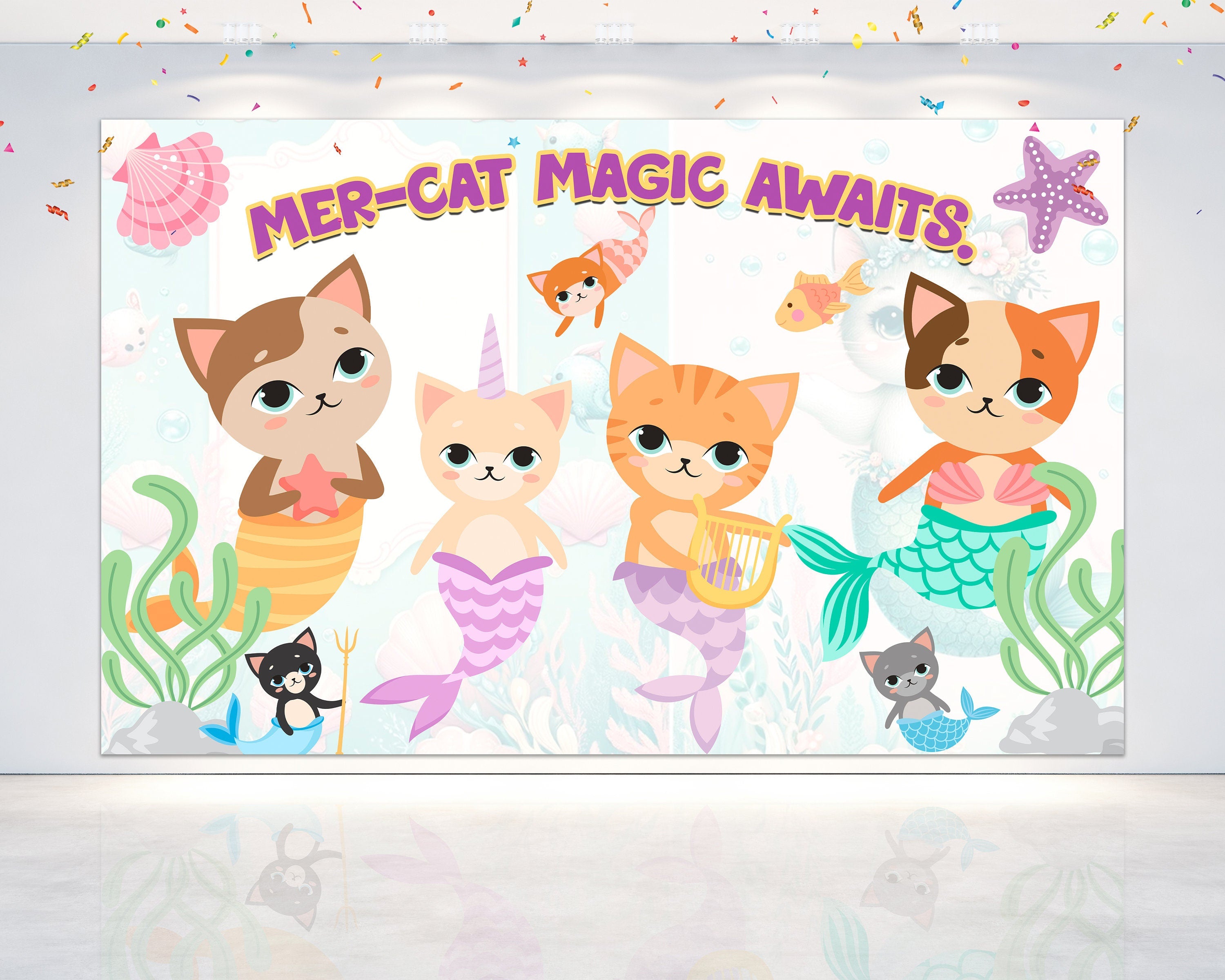 Enchanting Mermaid-Cat Birthday Backdrop