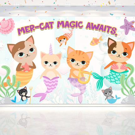 Enchanting Mermaid-Cat Birthday Backdrop
