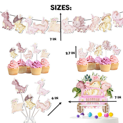 Pink Dinosaur Party Decor Set - Cute Cake Topper, Cupcake Toppers, Centerpieces & Banner for Baby Shower and Birthday Celebrations