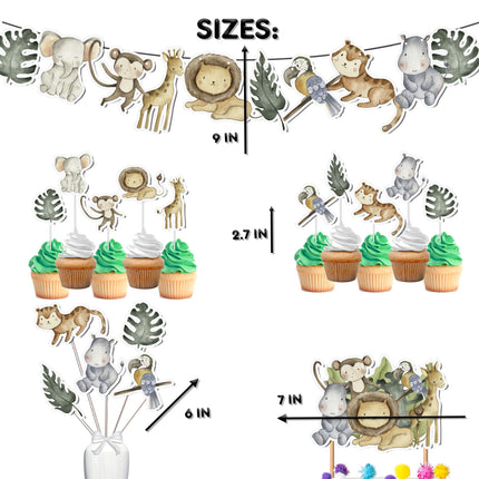 Jungle Safari Party Decor Set - Wildly Adorable Cake Topper, Cupcake Toppers, Centerpieces & Banner for Baby Showers and Birthdays