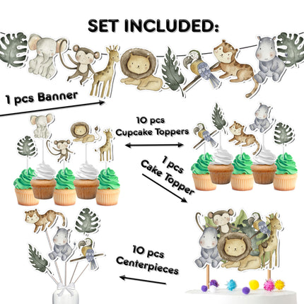 Jungle Safari Party Decor Set - Wildly Adorable Cake Topper, Cupcake Toppers, Centerpieces & Banner for Baby Showers and Birthdays