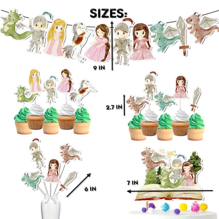 Enchanted Princess, Dragons, and Knight Party Decor Set - Magical Cake Topper, Cupcake Toppers, Centerpieces & Banner for Baby Showers and Birthdays