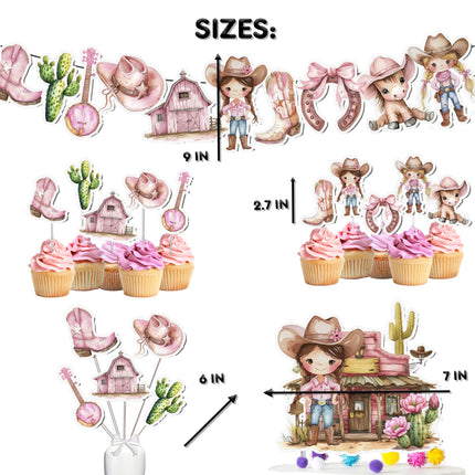 Pink Cowgirl Party Decor Set - Complete with Cake Topper, Cupcake Toppers, Centerpieces & Banner for Baby Showers and Birthdays