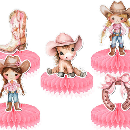 5 Pcs Charming Pink Cowgirl Table Honeycombs - Perfect for Rustic Baby Showers & Western Birthday Parties