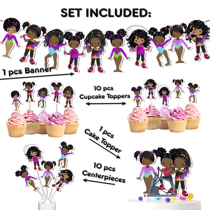 Pink Afro Gymnast Party Decor Set - Energetic Cake Topper, Cupcake Toppers, Centerpieces & Banner for Baby Showers and Birthdays